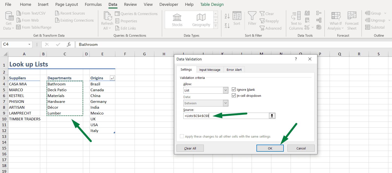 Make a Drop Down List in Excel from another sheet