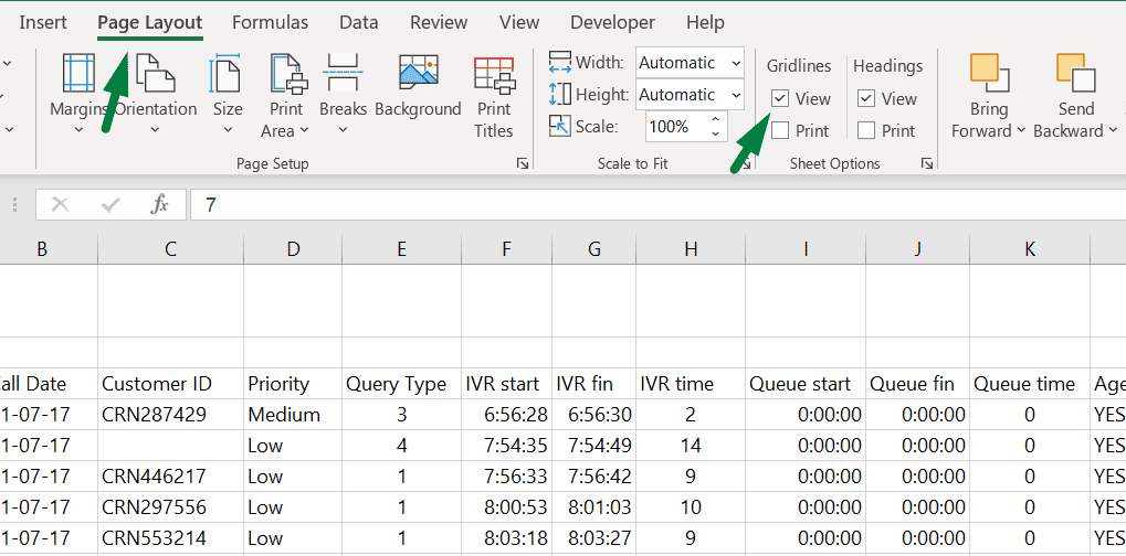 Show gridlines in excel from the ‘Page Layout’ ribbon