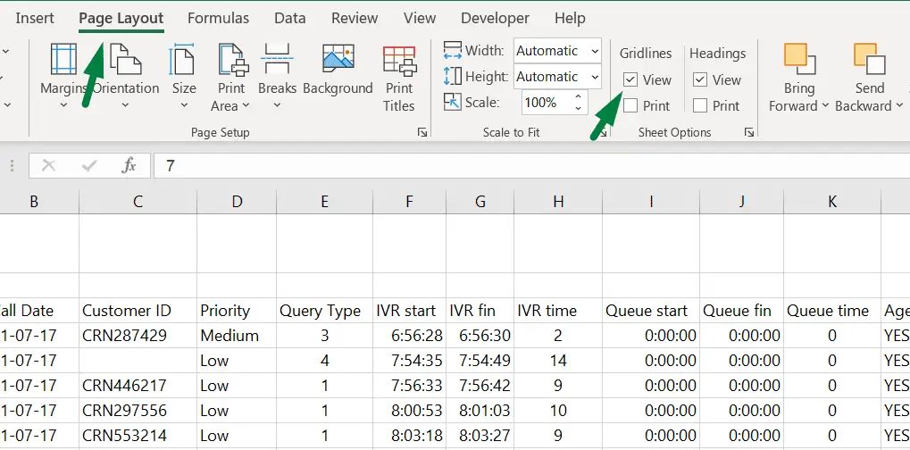 Show gridlines in excel from the ‘Page Layout’ ribbon