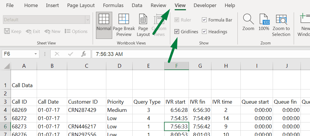 Show gridlines in excel from the ‘View’ ribbon