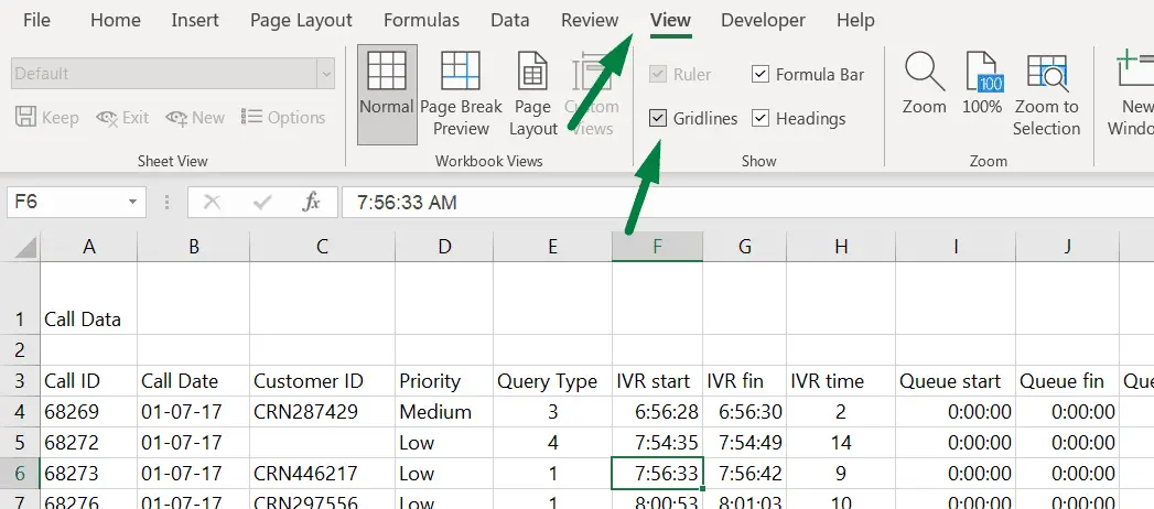 Show gridlines in excel from the ‘View’ ribbon