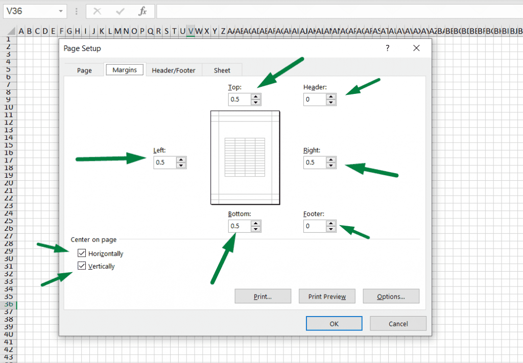 customize the margins to make graph paper in excel