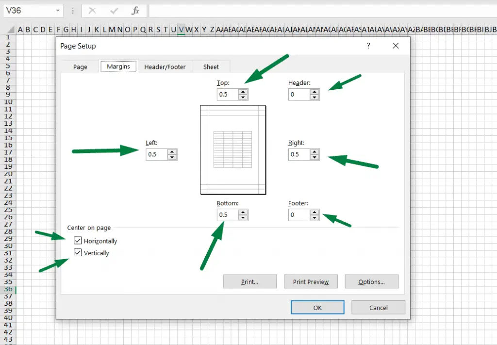 customize the margins to make graph paper in excel