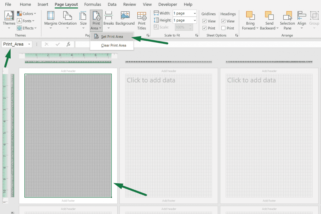 how to set print area to make graph paper in excel