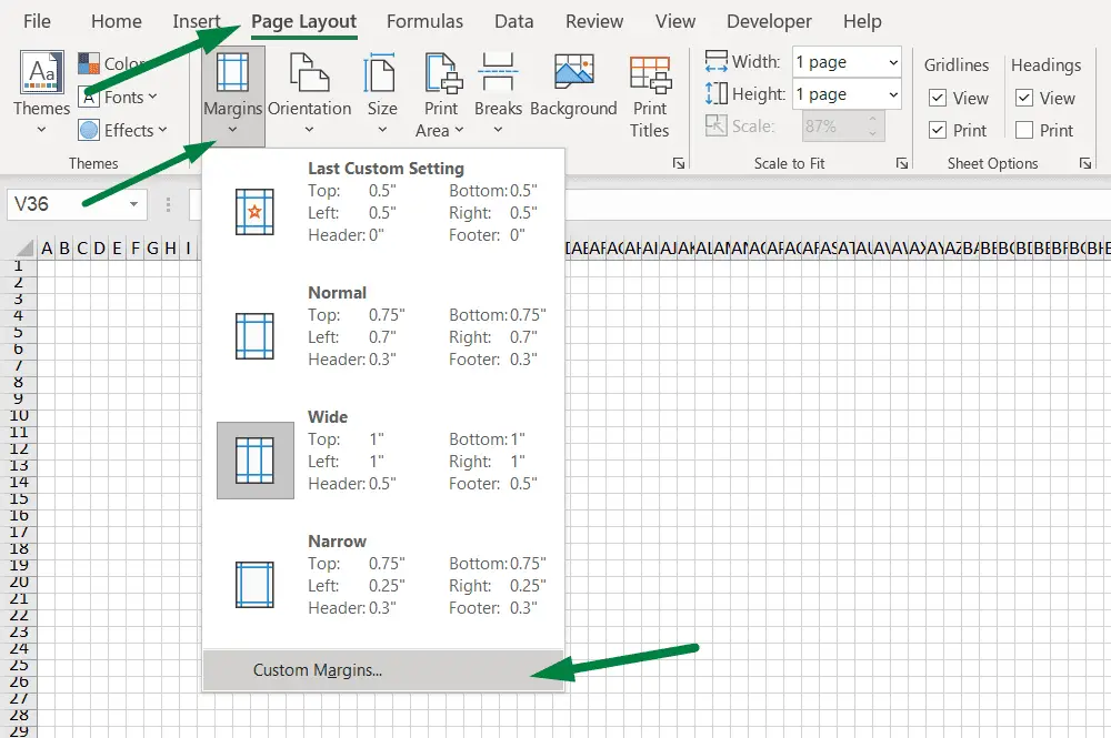 open the custom margin tab