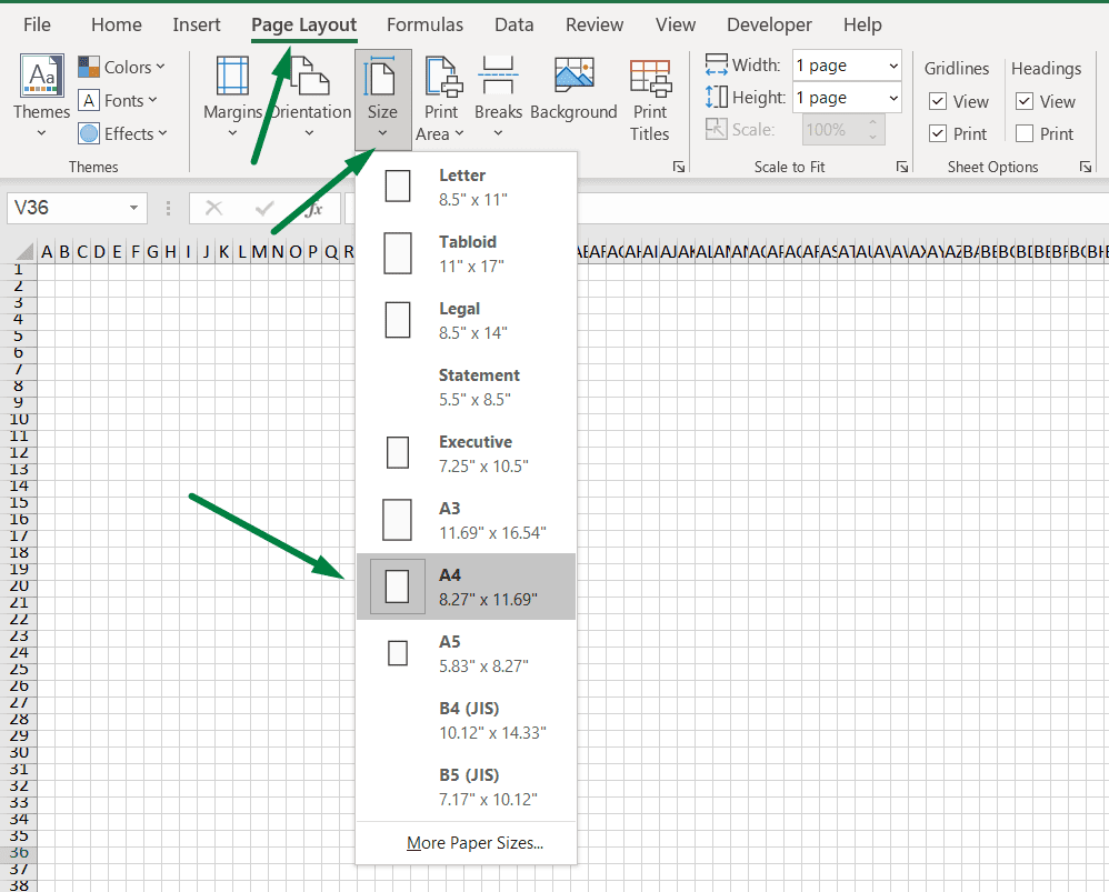 select paper size in excel