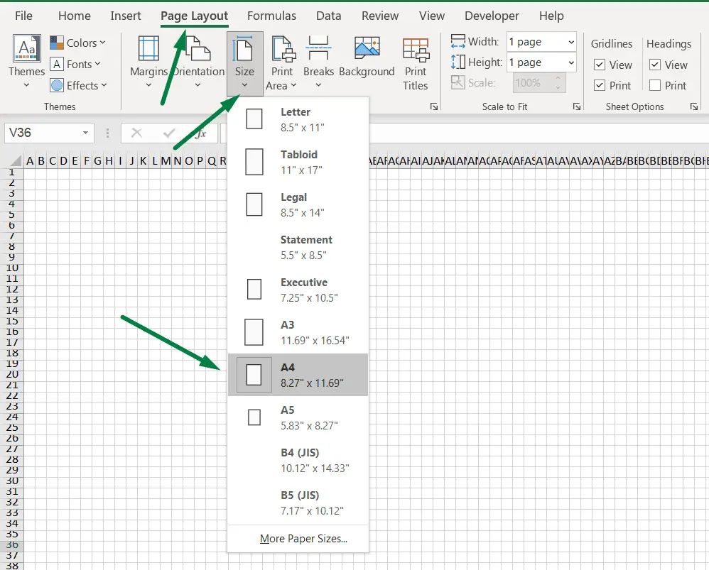 select paper size in excel