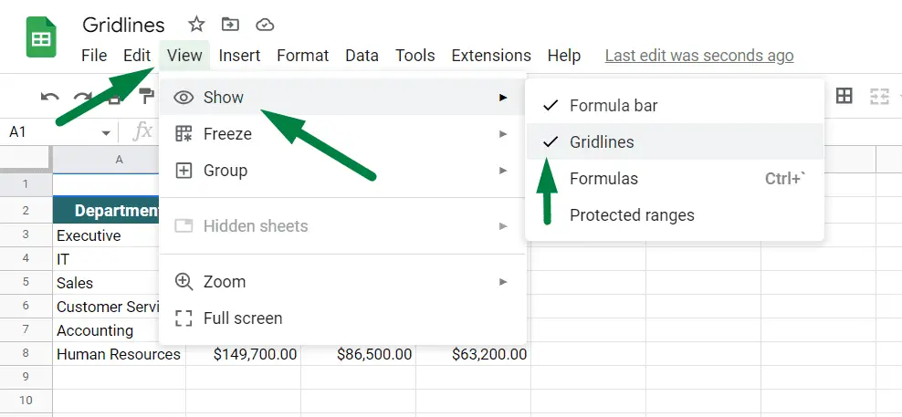 Show Gridlines in Google Sheets