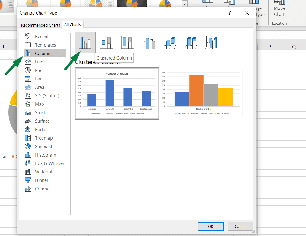 How to change chart type to clustered column in Excel
