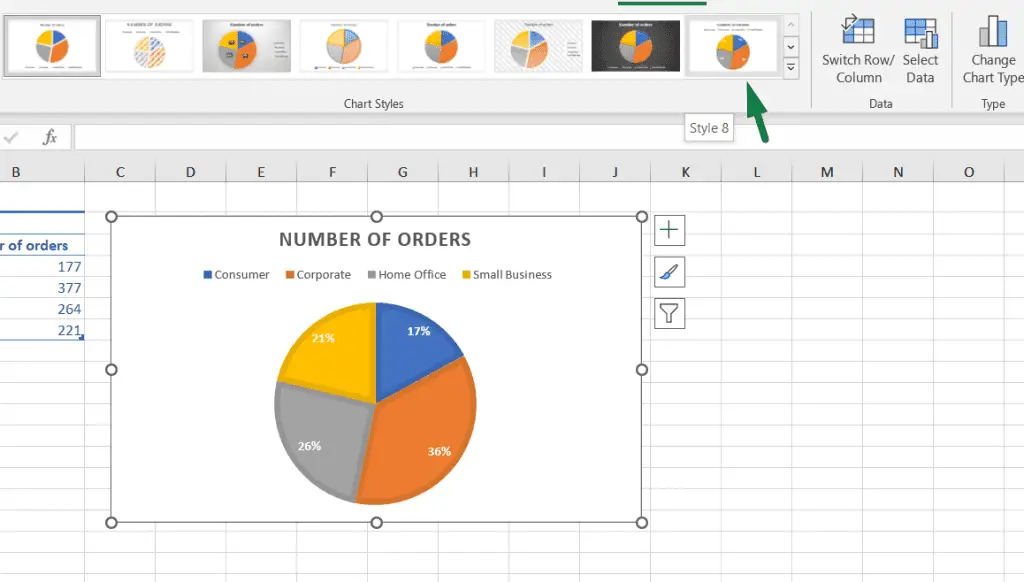 How to change the chart style to style 8 for pie chart in excel