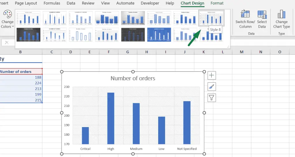 How to change the chart style to style 8 in excel