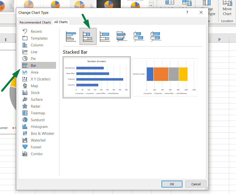 How to change the chart type to the first stacked bar option in Excel