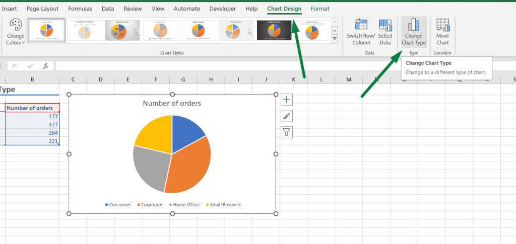 how to change chart type in excel step 2