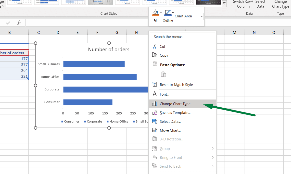 how to change chart type in excel using right click on the mouse