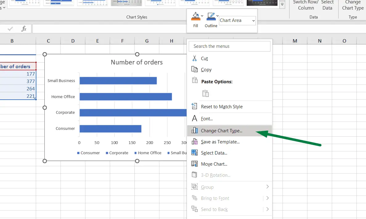 how to change chart type in excel using right click on the mouse