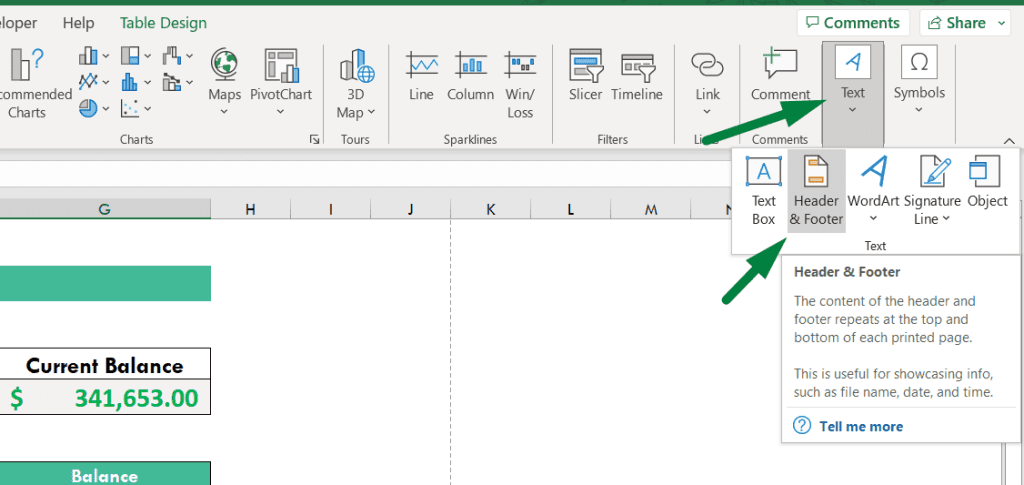 How to Make Headers In Excel. Insert ribbon. Text option and then header and footer