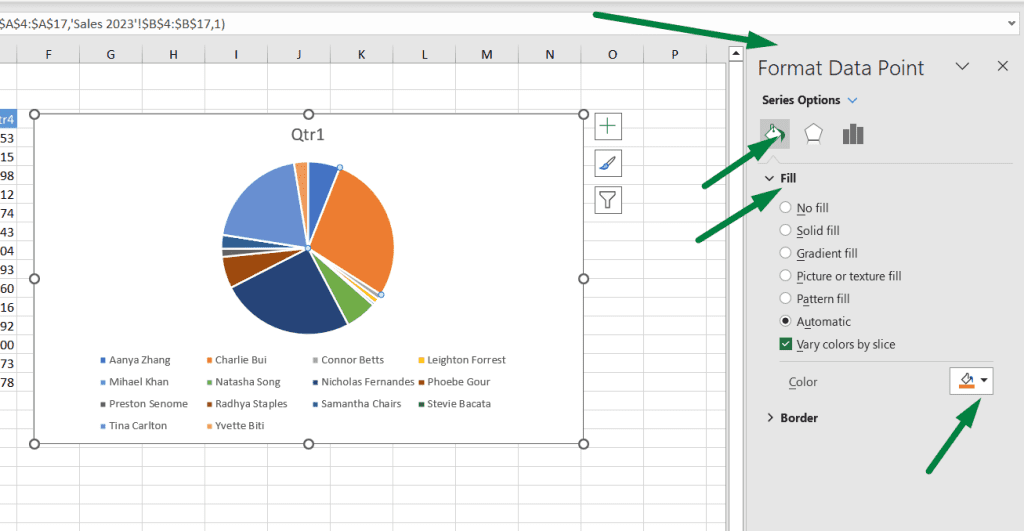 How to Change Individual Pie Chart Colors in Excel from the format data points
