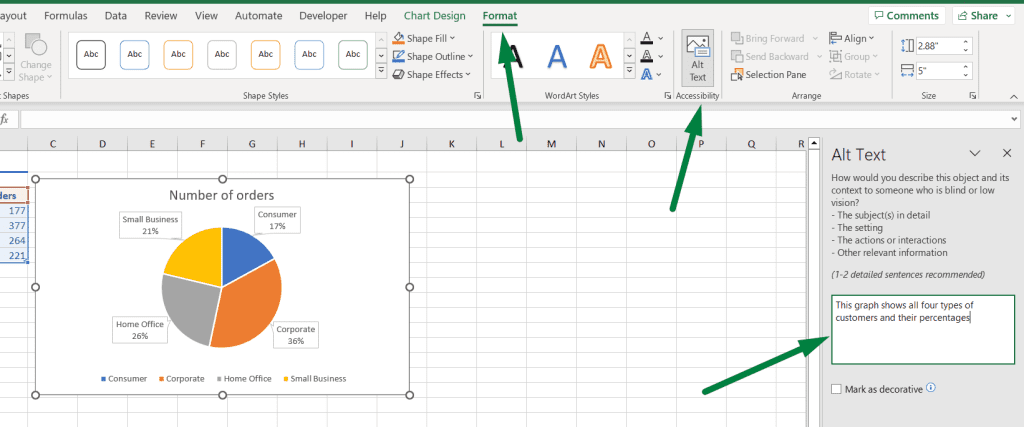 add alternative text to chart excel from the format ribbon