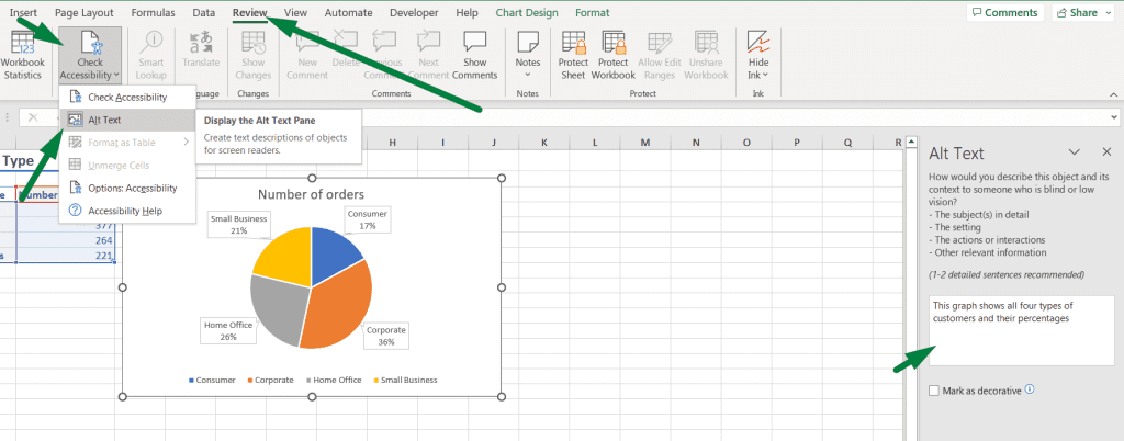 how to add alt text to a chart in excel from the review ribbon