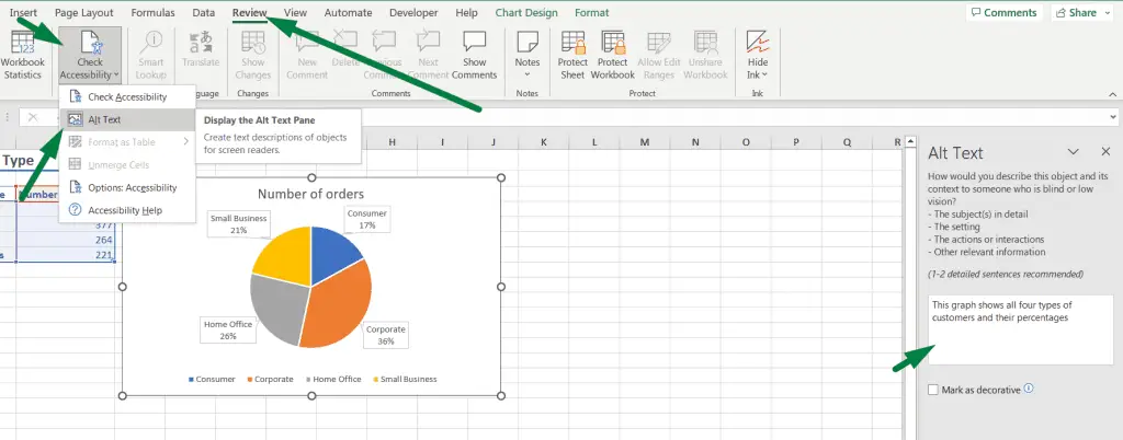 how to add alt text to a chart in excel from the review ribbon