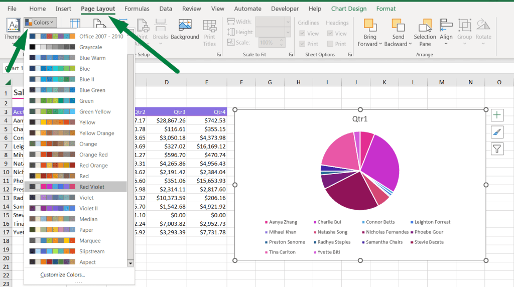 how to change chart colors in Excel From Page Layout Ribbon and Colors Option