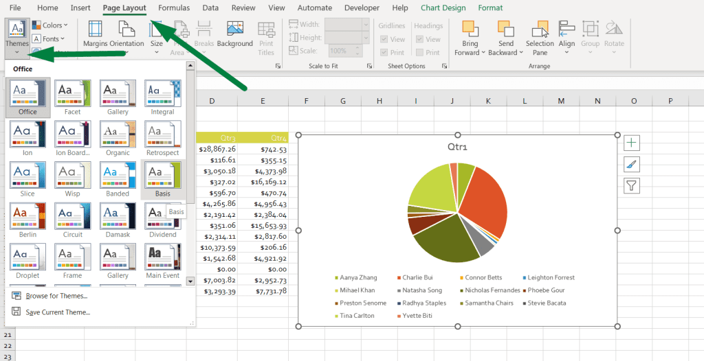 how to change chart colors in Excel From Page Layout Ribbon and themes Option