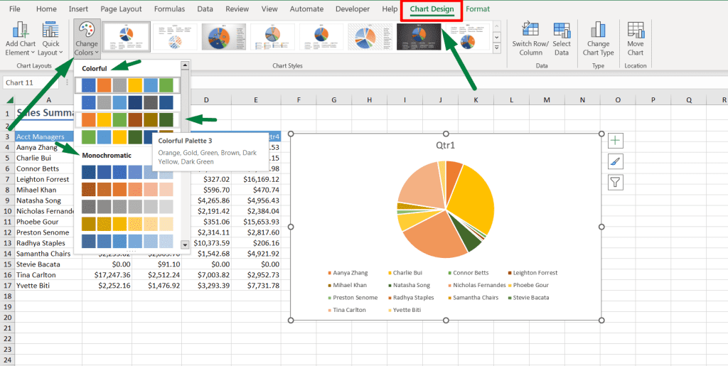 how to change chart colors in Excel from Chart Design Ribbon