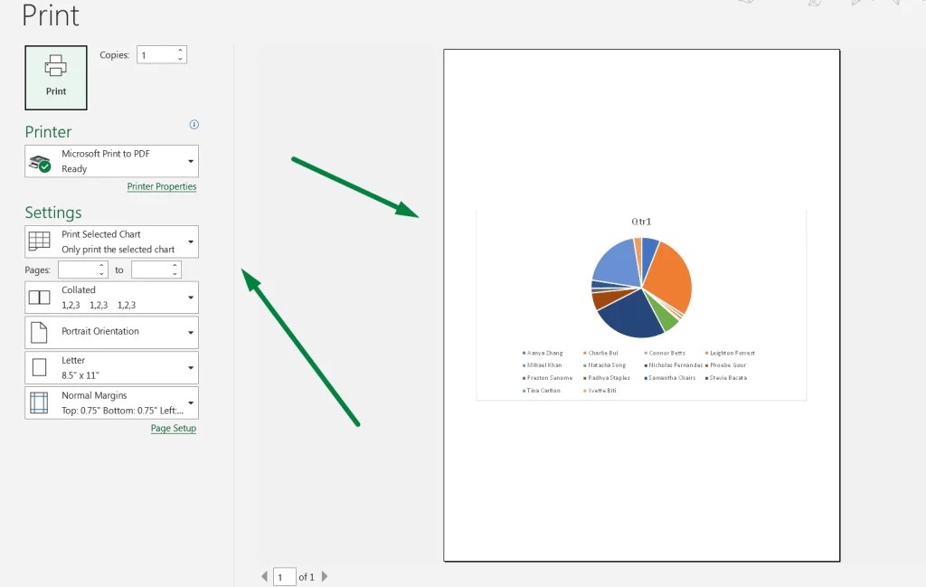 press “Ctrl + P” to go to the print section to print settings and preview the pane