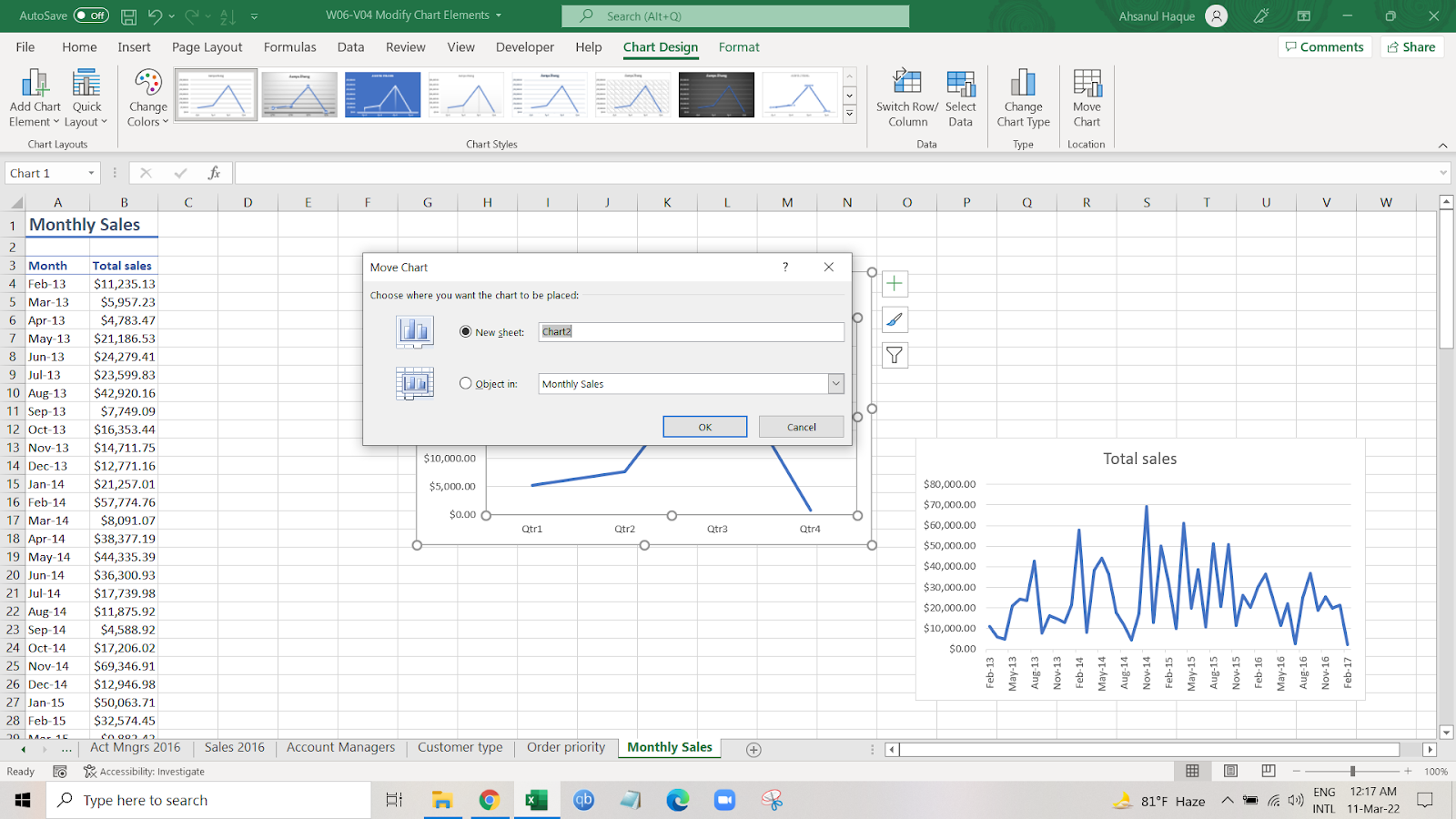 Move a chart to a new worksheet in Excel