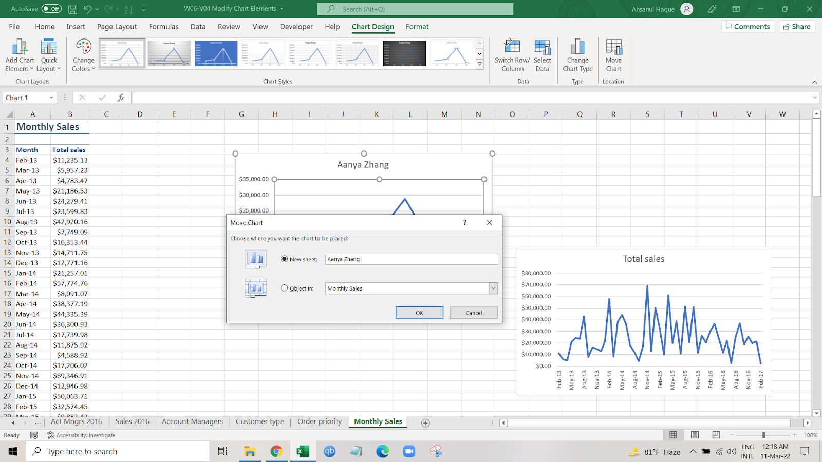 Move a chart to a new worksheet in Excel